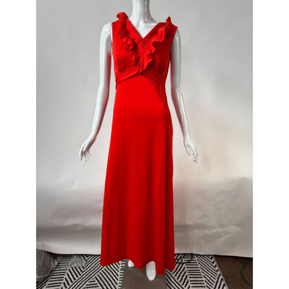 Vintage 1970s Jerell Of Texas Red Ruffled Maxi Dress Sleeveless V-Neck Belted Wa